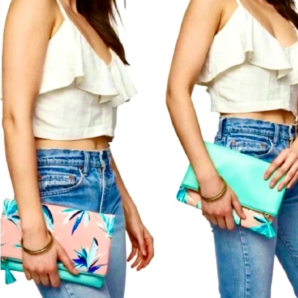 Anthropologie Pink and Green Faux Leather Fold Over Reversible Clutch NWOT - Picture 2 of 11